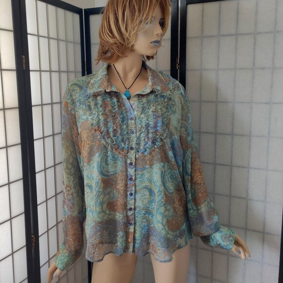 Coldwater Creek Sheer Fringe Shirt XL 16 Green Multi Long Sleeve Blouse - Picture 1 of 7